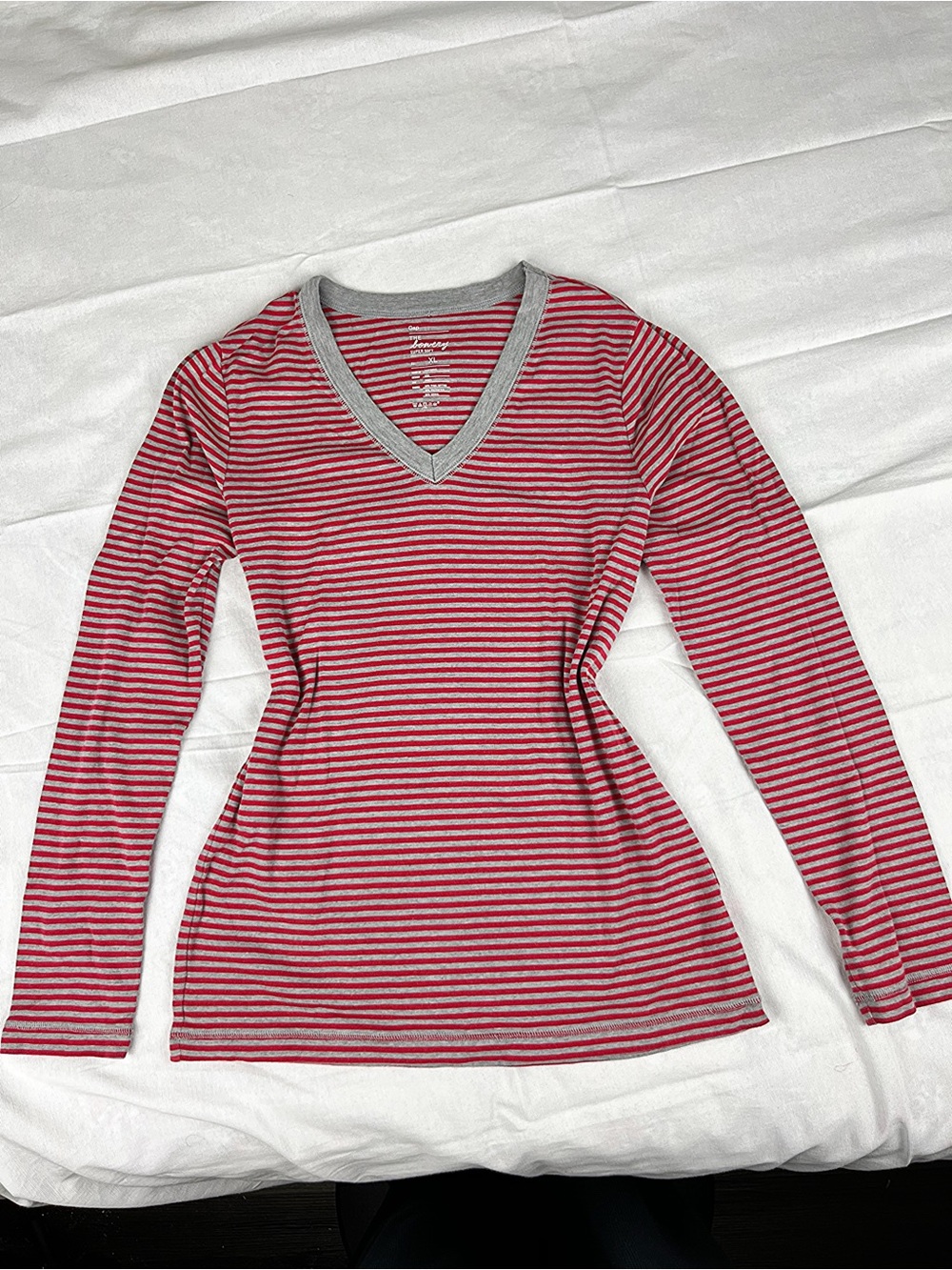Gap The Bowery Red Gray Striped Long Sleeve V-Neck Tee Y2K Basic XL